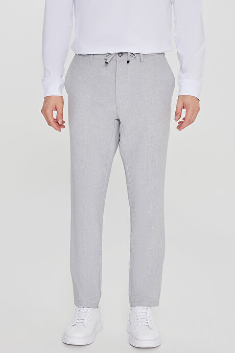Slim Fit Dar Kesim Beli Bağlamalı Yan Cep Armürlü Gri Pantolon resmi