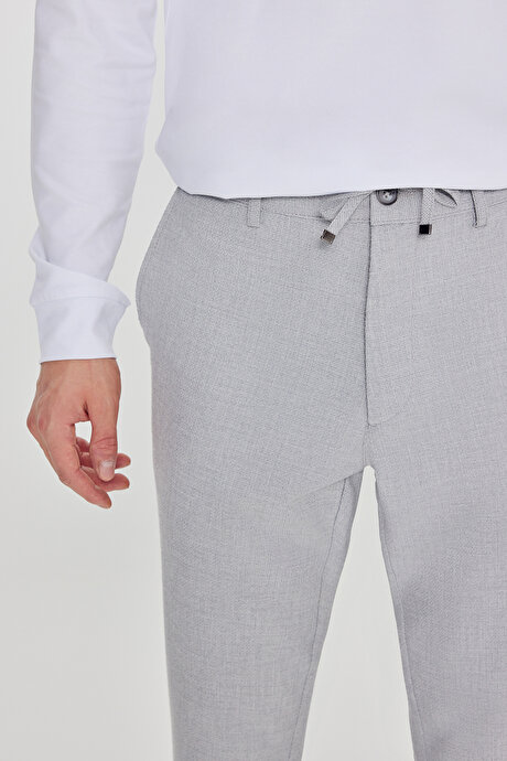 Slim Fit Dar Kesim Beli Bağlamalı Yan Cep Armürlü Gri Pantolon resmi