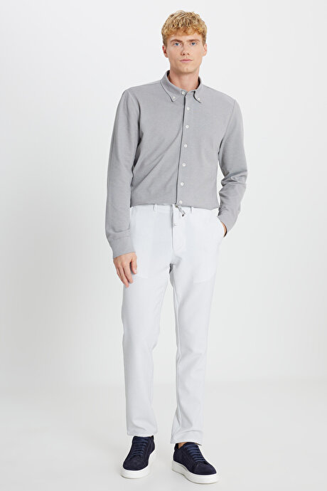 Slim Fit Beli Bağlamalı Gofre Desenli Yan Cepli Casual Gri Pantolon resmi