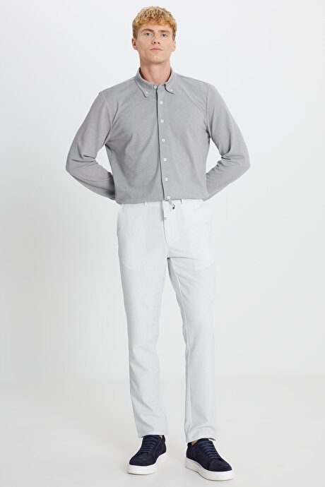 Slim Fit Beli Bağlamalı Gofre Desenli Yan Cepli Casual Gri Pantolon resmi