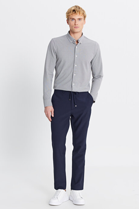 Slim Fit Beli Bağlamalı Gofre Desenli Yan Cepli Casual Lacivert Pantolon resmi