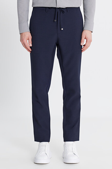 Slim Fit Beli Bağlamalı Gofre Desenli Yan Cepli Casual Lacivert Pantolon resmi