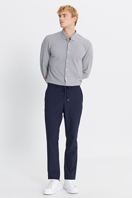 Slim Fit Beli Bağlamalı Gofre Desenli Yan Cepli Casual Lacivert Pantolon resmi