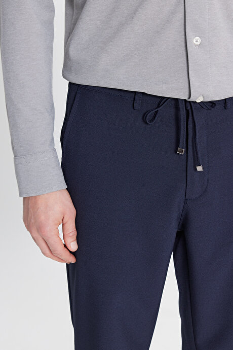 Slim Fit Beli Bağlamalı Gofre Desenli Yan Cepli Casual Lacivert Pantolon resmi