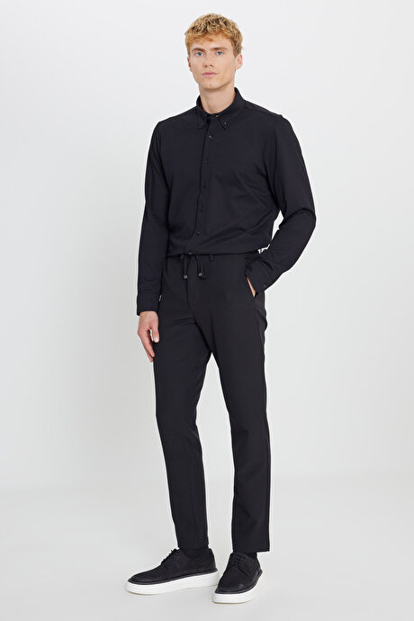 Slim Fit Beli Bağlamalı Gofre Desenli Yan Cepli Casual Siyah Pantolon resmi