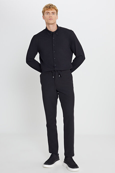 Slim Fit Beli Bağlamalı Gofre Desenli Yan Cepli Casual Siyah Pantolon resmi