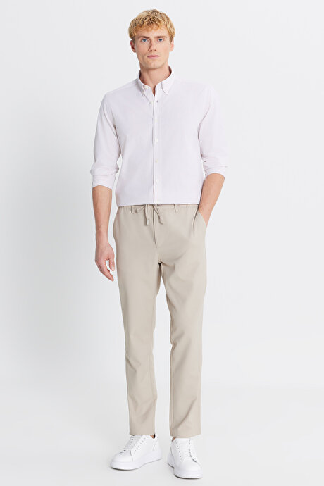 Slim Fit Dar Kesim Beli Bağlamalı Yan Cepli Bej Pantolon resmi