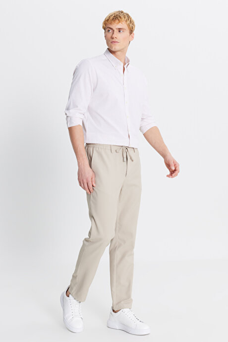Slim Fit Dar Kesim Beli Bağlamalı Yan Cepli Bej Pantolon resmi
