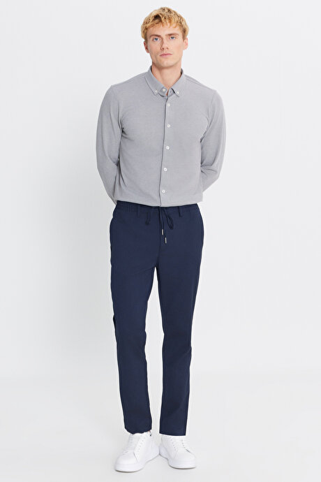 Slim Fit Dar Kesim Beli Bağlamalı Yan Cepli Lacivert Pantolon resmi