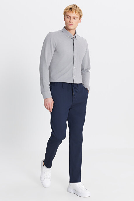 Slim Fit Dar Kesim Beli Bağlamalı Yan Cepli Lacivert Pantolon resmi