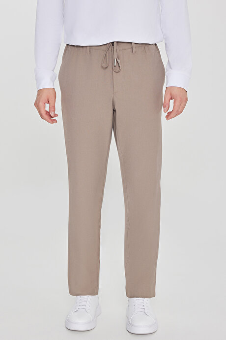 Slim Fit Dar Kesim Beli Bağlamalı Yan Cepli Vizon Pantolon resmi