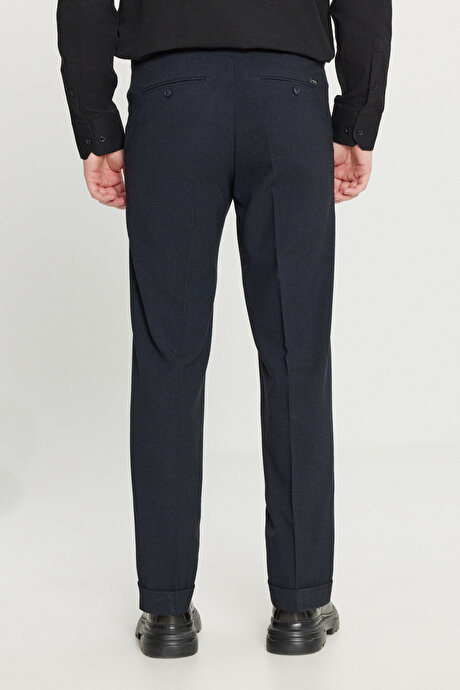 Slim Fit Dar Kesim Gofre Desenli Beli Gizli Lastikli Yan Cep Klasik Lacivert Pantolon resmi