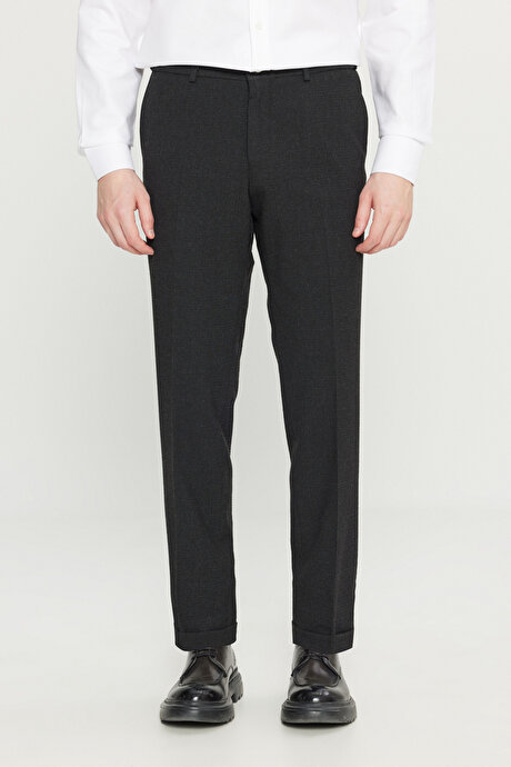 Slim Fit Dar Kesim Gofre Desenli Beli Gizli Lastikli Yan Cep Klasik Siyah Pantolon resmi