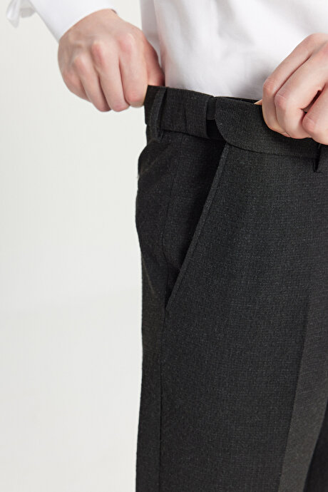 Slim Fit Dar Kesim Gofre Desenli Beli Gizli Lastikli Yan Cep Klasik Siyah Pantolon resmi