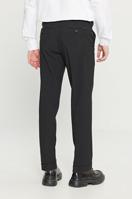 Slim Fit Dar Kesim Gofre Desenli Beli Gizli Lastikli Yan Cep Klasik Siyah Pantolon resmi