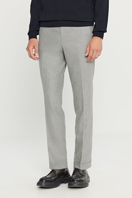Yünlü Slim Fit Dar Kesim Beli Gizli Lastikli Yan Cepli Diagonal Desenli Klasik Gri Pantolon resmi