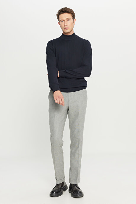 Yünlü Slim Fit Dar Kesim Beli Gizli Lastikli Yan Cepli Diagonal Desenli Klasik Gri Pantolon resmi