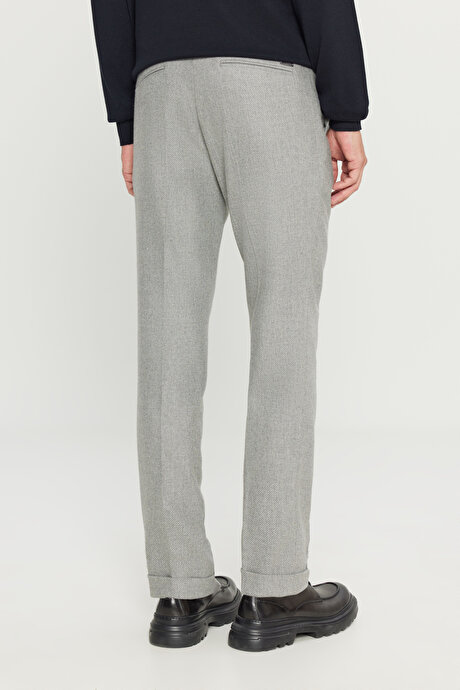 Yünlü Slim Fit Dar Kesim Beli Gizli Lastikli Yan Cepli Diagonal Desenli Klasik Gri Pantolon resmi