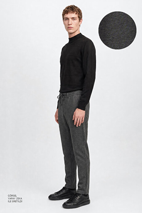 Slim Fit Dar Kesim Beli Bağlamalı Yan Cepli Diagonal Desenli Esnek Casual Antrasit Pantolon resmi