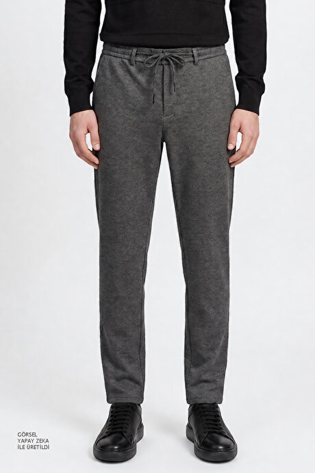Slim Fit Dar Kesim Beli Bağlamalı Yan Cepli Diagonal Desenli Esnek Casual Antrasit Pantolon resmi