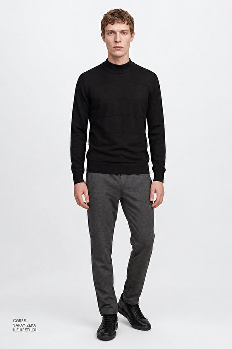 Slim Fit Dar Kesim Beli Bağlamalı Yan Cepli Diagonal Desenli Esnek Casual Antrasit Pantolon resmi