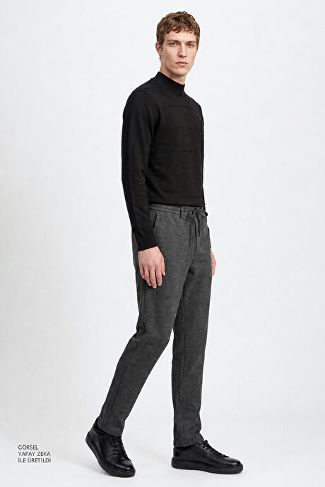 Slim Fit Dar Kesim Beli Bağlamalı Yan Cepli Diagonal Desenli Esnek Casual Antrasit Pantolon resmi