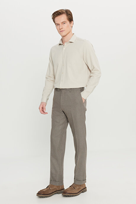 Slim Fit Dar Kesim Beli Gizli Lastikli Diagonal Desenli Yan Cepli Esnek Klasik Vizon Pantolon resmi