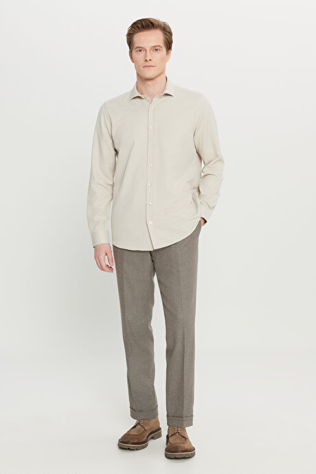 Slim Fit Dar Kesim Beli Gizli Lastikli Diagonal Desenli Yan Cepli Esnek Klasik Vizon Pantolon resmi