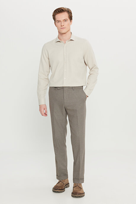 Slim Fit Dar Kesim Beli Gizli Lastikli Diagonal Desenli Yan Cepli Esnek Klasik Vizon Pantolon resmi