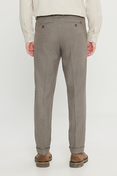 Slim Fit Dar Kesim Beli Gizli Lastikli Diagonal Desenli Yan Cepli Esnek Klasik Vizon Pantolon resmi