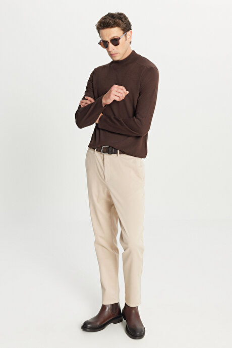 Pamuklu Slim Fit Dar Kesim Yan Cepli Casual Esnek Bej Pantolon resmi