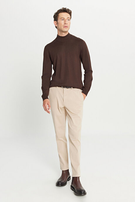 Pamuklu Slim Fit Dar Kesim Yan Cepli Casual Esnek Bej Pantolon resmi