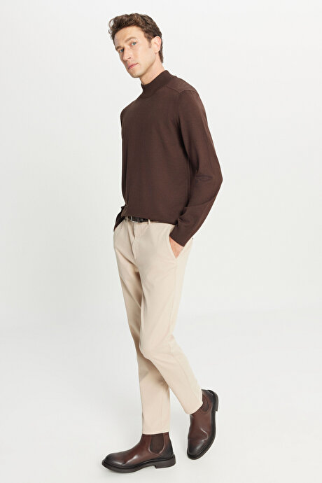 Pamuklu Slim Fit Dar Kesim Yan Cepli Casual Esnek Bej Pantolon resmi