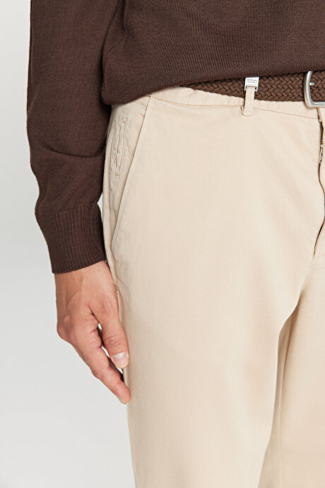 Pamuklu Slim Fit Dar Kesim Yan Cepli Casual Esnek Bej Pantolon resmi