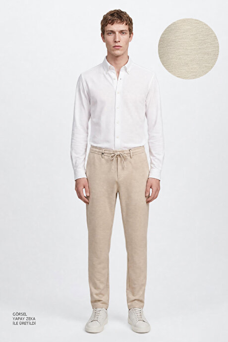 360 Her Yöne Esneyen Slim Fit Dar Kesim Yan Cepli Diagonal Desenli Esnek Bej Pantolon resmi