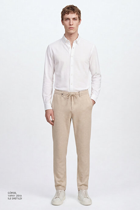 360 Her Yöne Esneyen Slim Fit Dar Kesim Yan Cepli Diagonal Desenli Esnek Bej Pantolon resmi