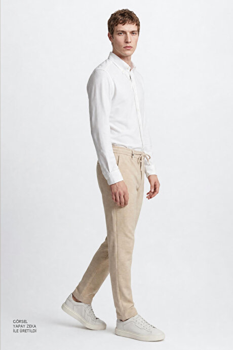 360 Her Yöne Esneyen Slim Fit Dar Kesim Yan Cepli Diagonal Desenli Esnek Bej Pantolon resmi