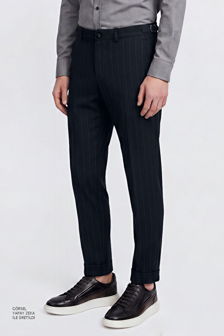 360 Her Yöne Esneyen Pamuklu Slim Fit Dar Kesim Beli Bağlamalı Yan Cepli Casual Lacivert Pantolon resmi