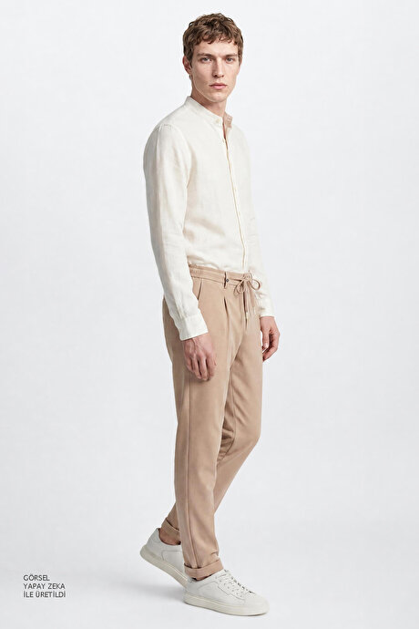 360 Her Yöne Esneyen Pamuklu Slim Fit Dar Kesim Beli Bağlamalı Yan Cepli Casual Vizon Pantolon resmi