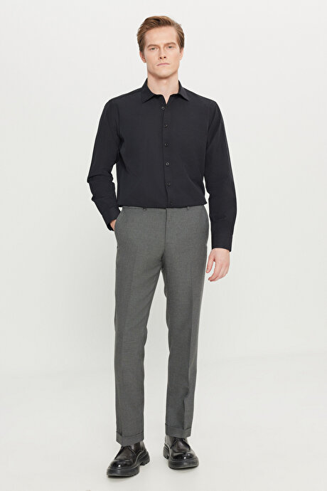 Slim Fit Dar Kesim Beli Gizli Lastikli Yan Cepli Armürlü Klasik Siyah Pantolon resmi
