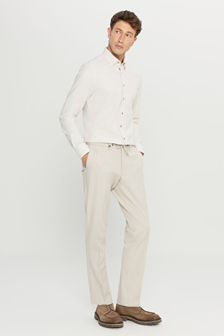Slim Fit Dar Kesim Beli Bağlamalı Yan Cepli Casual Esnek Bej Pantolon resmi