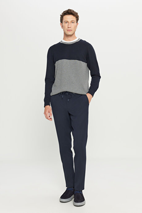 Slim Fit Dar Kesim Beli Bağlamalı Yan Cepli Casual Esnek Lacivert Pantolon resmi