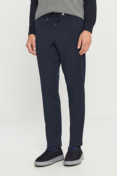 Slim Fit Dar Kesim Beli Bağlamalı Yan Cepli Casual Esnek Lacivert Pantolon resmi