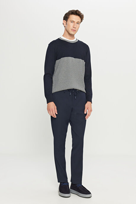 Slim Fit Dar Kesim Beli Bağlamalı Yan Cepli Casual Esnek Lacivert Pantolon resmi