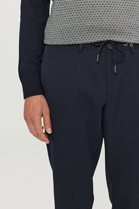 Slim Fit Dar Kesim Beli Bağlamalı Yan Cepli Casual Esnek Lacivert Pantolon resmi