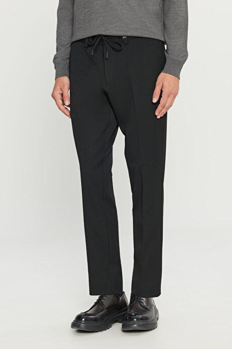 Slim Fit Dar Kesim Beli Bağlamalı Yan Cepli Casual Esnek Siyah Pantolon resmi