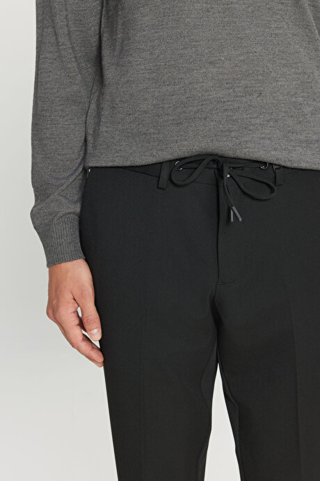 Slim Fit Dar Kesim Beli Bağlamalı Yan Cepli Casual Esnek Siyah Pantolon resmi