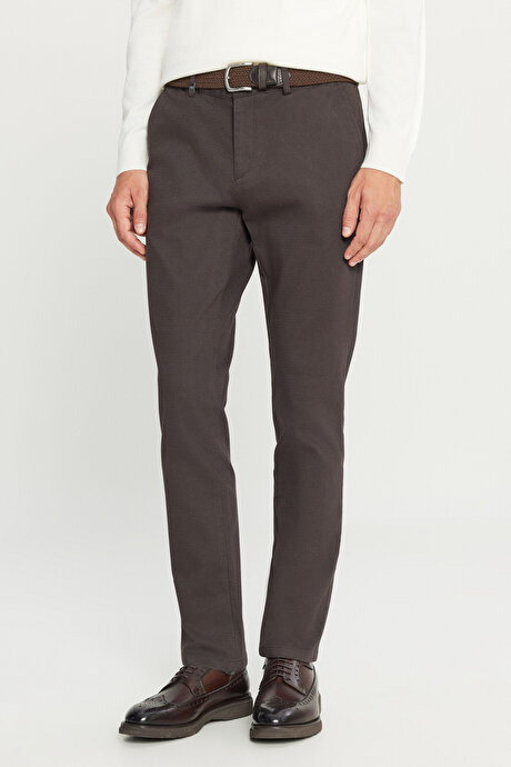 Pamuklu Slim Fit Dar Kesim Yan Cep Armürlü Esnek Casual Kahverengi Pantolon resmi