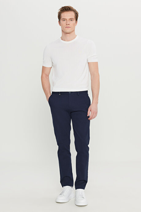 Pamuklu Slim Fit Dar Kesim Yan Cep Armürlü Esnek Casual Lacivert Pantolon resmi