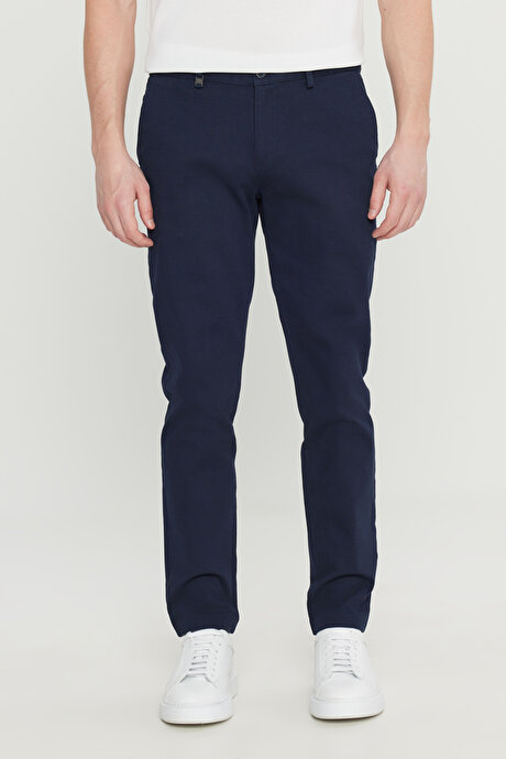 Pamuklu Slim Fit Dar Kesim Yan Cep Armürlü Esnek Casual Lacivert Pantolon resmi